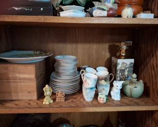 Assorted Floral Porcelain Dinnerware, Stacked Plates, Teacups & Saucers, Decorative Ceramic Figurines, Cat Figurine, Green Glazed Pottery Jar & Decorative Decanter