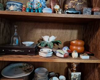 Asian-Inspired Decorative Collectibles with Blue & White Porcelain, Ceramic Foo Dogs, Floral Art Pottery, Duck Figurine, Glass Bell, Lacquered Box & Assorted Oriental Decor