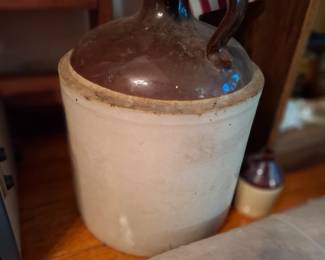 Early American Two-Tone Stoneware Whiskey Jug with Brown Albany Slip Glaze, Loop Handle & Natural Salt-Glazed Body