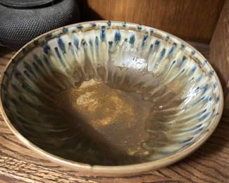 Signed T. McPherson Studio Stoneware Pottery Serving Bowl with Blue, Cream & Brown Drip Glaze, 6-Inch Diameter