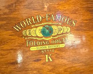 Bilhorn Brothers World-Famous Folding Organ Style K Portable Pump Organ with Original Wood Case and Decorative Globe & Medal Decal