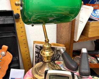 Emerald Green Cased Glass Banker's Desk Lamp with Polished Brass Base and Adjustable Shade