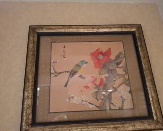 Asian Chinoiserie Bird & Floral Botanical Art Print with Pink Peonies, Blossoming Branches, Calligraphy & Ornate Gold-Tone Frame