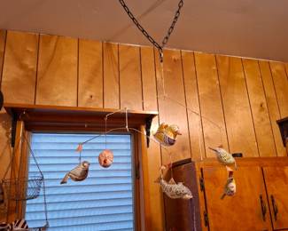 Handcrafted Folk Art Hanging Bird Mobile with Colorful Painted Ceramic Bird Figurines, Rustic Decorative Ceiling Ornament, Whimsical Bird Lover Home Décor