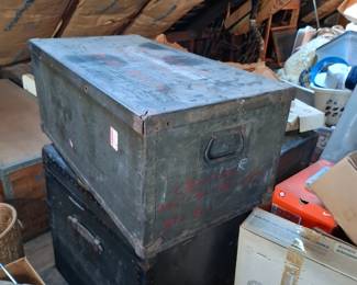 Industrial Military-Style Wooden Storage Trunks with Metal Reinforcement and Original Painted Lettering