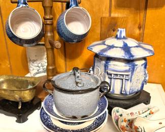 Asian-Inspired Blue & White Ceramic Pottery Collection with Hanging Stoneware Cups, Pagoda-Style Lidded Jar, Chinese Porcelain Plates, Metal Covered Pot & Decorative Porcelain Spoons