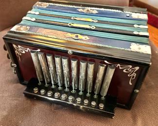 Decorative Ten-Button Diatonic Accordion with Metal Reed Covers, Green Bellows, Black Lacquered Wood Case & Ornate Metal Hardware