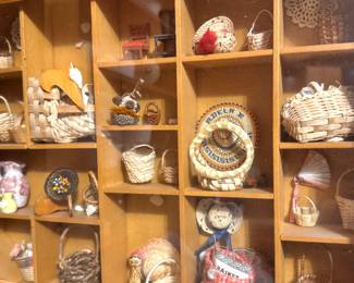 Miniature Woven Wicker and Splint Basket Collection with Decorative Folk Art Baskets, Handcrafted Miniatures & Wooden Display Shelving