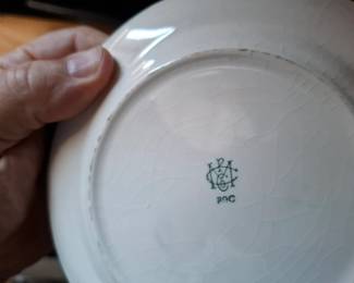White Glazed Ceramic Plate with Green Monogram Maker’s Mark 