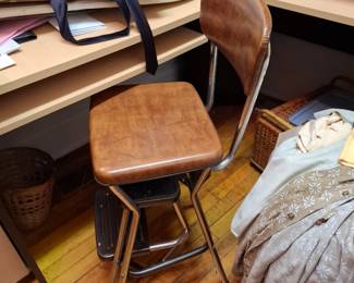 Wood and Chrome Metal School Desk Chair with Brown Upholstered Seat and Backrest