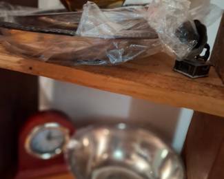 Silverplate Serving Trays, Decorative Bowls, Gravy Boat, Metal Tableware & Assorted Shelf Collectibles