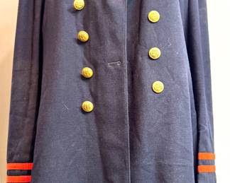 Civil War–Style Navy Blue Double-Breasted Military Uniform Frock Coat with Gold Eagle Buttons, Red Collar Lining & Red Sleeve Stripes