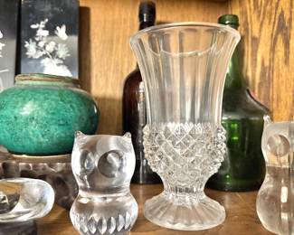 Clear Pressed Glass Diamond-Point Footed Vase with Flared Rim, Crystal Glass Owl Figurines & Small Glass Animal Paperweight