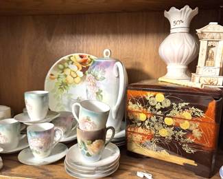 Japanese Floral Porcelain Tea and Coffee Service with Hand-Painted Rose Decoration, Black Lacquer Three-Drawer Jewelry Chest with Gold Floral Design & Decorative Porcelain Figurines