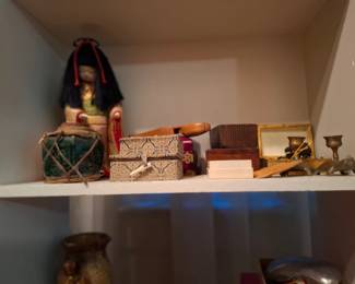 Assorted International Folk Art Collectibles, Traditional Costume Doll, Decorative Trinket Boxes, Miniature Drum, Brass Candleholders & Small Decorative Accessories