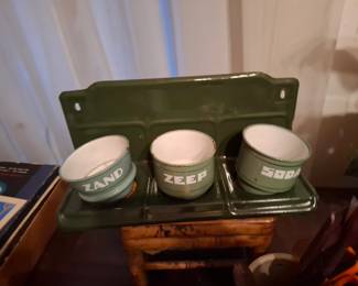 Dutch Green Enamelware Wall-Mounted Kitchen Rack with Three Removable Zand, Zeep & Soda Containers, Farmhouse Kitchen Decor