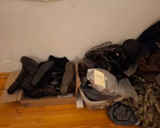 Men’s Assorted Footwear & Clothing Collection Featuring SOREL Slip-On Loafers, Leather Boots, Athletic Shoes, Casual Sandals, Military-Style Camouflage Apparel & Accessories