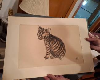 Charcoal & Pencil Drawing of Seated Tabby Kitten, Feline Animal Portrait on Paper with Artist Monogram