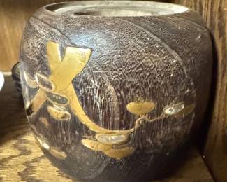 Asian-Inspired Textured Brown Ceramic Planter with Raised Gold-Tone Bamboo & Botanical Design