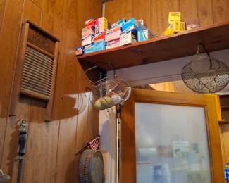 Vintage Double Handy Wooden Washboard, Hanging Wire Kitchen Produce Baskets & Assorted Household Supplies