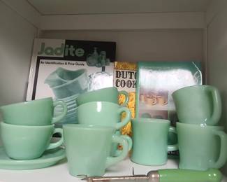 Jaydite cups and saucers, books