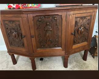 Antique Hand Carved Wood Server with storage