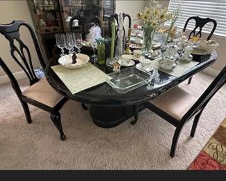 Black Lacquered Dining Rm Table, extensions, 6 chairs