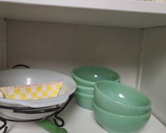 Fire King divided baking dish, Jaydite medium and small bowls