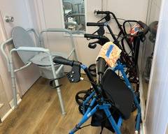 New bedside commode, 4 wheel walkers with seat