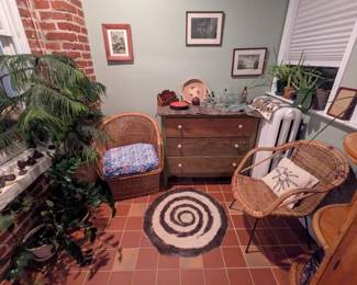 Plants, rug, chairs and vintage dresser, artwor