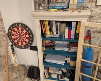 sporting and camping items, books, cabinet, rock and mineral collection