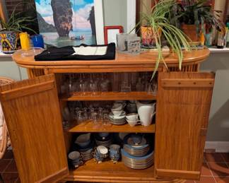 The furniture piece is not for sale - artwork, beautiful flintridge china set, glassware, tea set