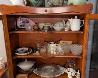 Arts and crafts buffet and china cabinet, glassware and porcelain, Frankoma pottery
