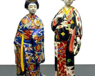 LARGE ANTIQUE HAND PAINTED JAPANESE PORCELAIN GEISHA FIGURINES