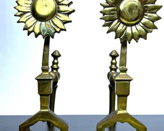 Pair of Brass Sunflower Fire Dogs from the Victorian Aesthetic Movement of the 1880s