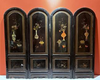 OLD TABLE TOP BLACK LACQUAR FOLDING SCREEN 