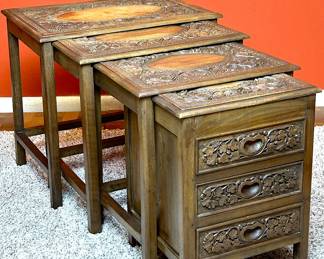 BEAUTIFULLY CARVED WOODEN NESTING TABLES WITH A THREE DRAWER CHEST