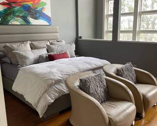 California King tufted faux leather headboard and two Natuzzi leather bucket club chairs
