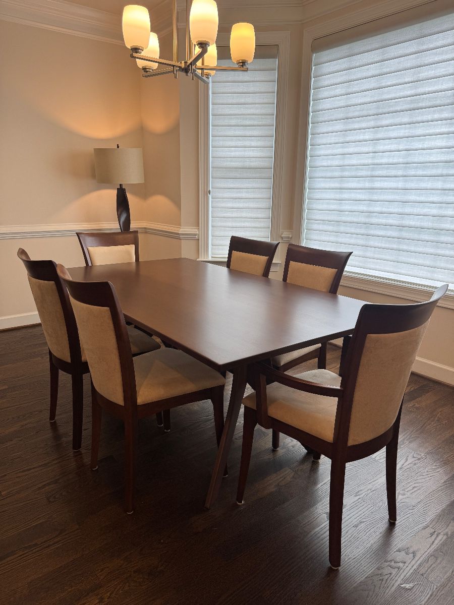 Custom Amish Hand-made Rectangular Dining Table (40"W x 72"L x 30"H) with Copeland Furniture Upholstered Dining Chairs (21"W x 24"D x 37" Back Height / 2 Armchairs & 4 Side Chairs) 