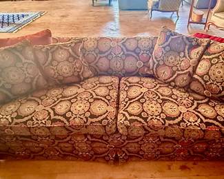 Oriental themed fabric sofa. Part of set with chair and ottoman.