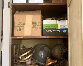 Large assortment of light fixtures, parts and shades. Includes sconces, ceiling mounted fixtures.
