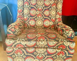 Oriental inspired upholster chair. Part of set with sofa and ottoman 