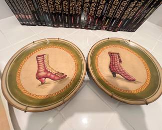 decorative hanging wall plates feature vintage Victorian-style button-up high-heel boot artwork