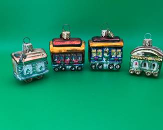 4 Vintage Blown Glass Train Ornament's