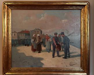 Continental School Oil on Canvas, Market Scene, Signed Sanchez. Measures 22" x 19" Overall. Photo 1 of 2.