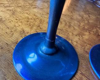 Frederick Carder Steuben Blue Aurene Iridescent Candle Sticks. Each Measures 8" H. Repaired. Photo 2 of 3.