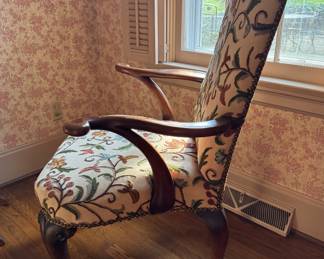 Queen Anne Style Chair Upholstered in Crewel Fabric. Measures 28" W x 28" D with 19" Seat Height. Photo 5 of 6.