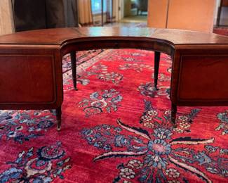 Horseshoe Shaped Tooled Leather Drop-Leaf Coffee Table. Measures 48" W x 22" D as Pictured; Has 2 11" Drop Leaves. Photo 1 of 8.