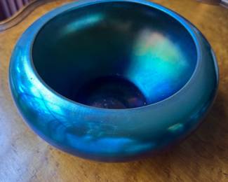 Frederick Carder Steuben Blue Aurene Iridescent Bowl. Measures 8" D x 4" H. Photo 2 of 3.