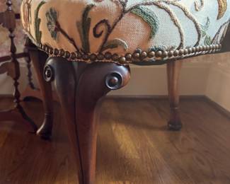 Queen Anne Style Chair Upholstered in Crewel Fabric. Measures 28" W x 28" D with 19" Seat Height. Photo 4 of 6.